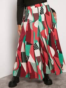 SHEIN CURVE+ Hơn Địa lý In chắp vá Quần ống rộng - Màu Hồng Tươi - Xem 4