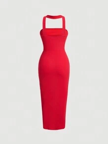 SHEIN MOD Vestido halter unicolor fruncido de muslo con abertura - Rojo - Ver 2