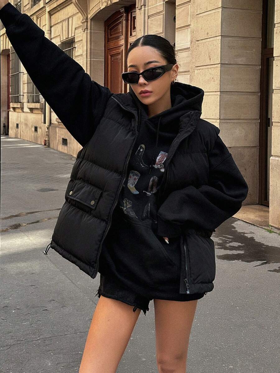 DAZY Solid Flap Pocket Padded Thick Pockets Vest, Women Winter Coat Jacket - Black - View 1