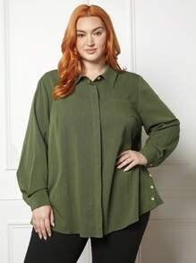 SHEIN CURVE+ Plus Solid Button Detail Shirt - Black and White - View 3