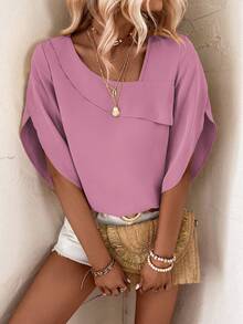 SHEIN LUNE Solid Asymmetrical Neck Petal Sleeve Blouse - Dusty Pink - View 3