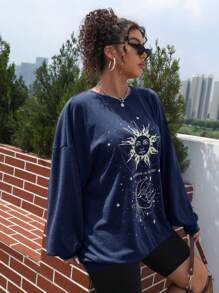 SHEIN EZwear 大碼日月圖案落肩袖運動衫 - 藏蓝色 - 查看 5