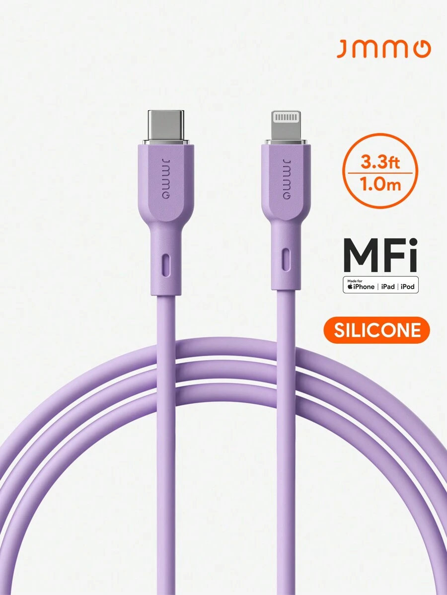 JMMO 1條矽膠 USB-C 轉 Lightning 充電線，Type-C 充電線，3.3FT/1M 18W，兼容 [MFi 認證] - 紫色 - 查看 1