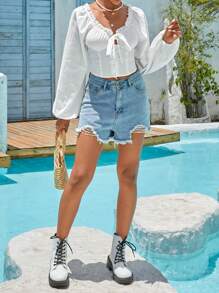 Soleia Frill Trim Knot Front Lantern Sleeve Crop Blouse - White - View 5