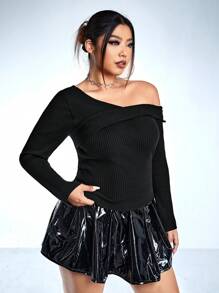 SHEIN ICON Talla grande Jersey de cuello asimétrico tejido de canalé - Negro - Ver 7