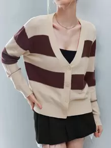 SHEIN Unity 컬러 블록 앞 버튼 가디건 - 살구색 - 보기 5