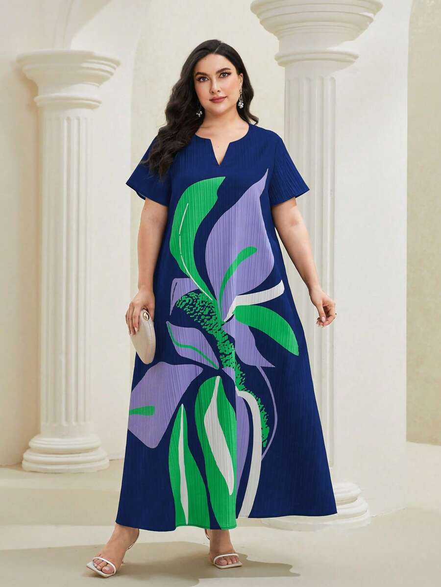 Al Najma Plus Floral Print Notched Neckline Dress - Multicolor - View 1