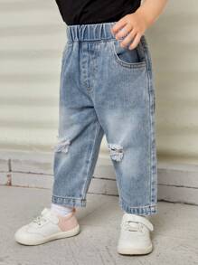 Baby Girl Elastic Waist Ripped Straight Leg Jeans - Light Wash - View 4