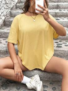 SHEIN Essnce Plus Slogan Graphic Drop Shoulder Tee - Yellow - View 2