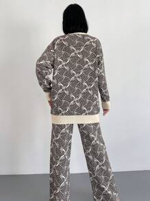 EURMUSE Allover Pattern Drop Shoulder Cardigan & Knit Pants - Beige - View 3