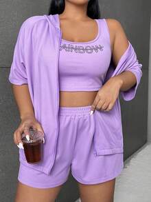 SHEIN EZwear 大碼字母圖案拉鏈開襟連帽夾克&背心上衣&短褲 - 紫色 - 查看 3