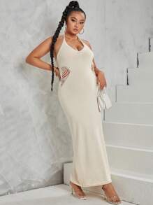 Flirla Plus Tie Backless Halter Sweater Dress - Apricot - View 6