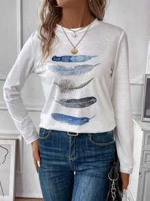 Calvaya Feather Print Round Neck Tee Graphic Tees Women Tops Fall Cloth For Women