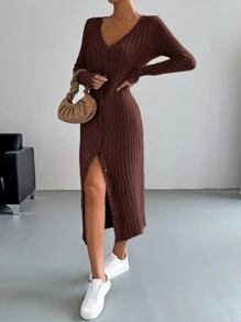 SHEIN EZwear Button Through Ribbed Knit Bodycon Dress - Coffee Brown - View 3