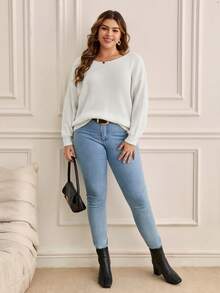 SHEIN Frenchy Hơn Ren tương phản Thả vai Áo len - trắng - Xem 5