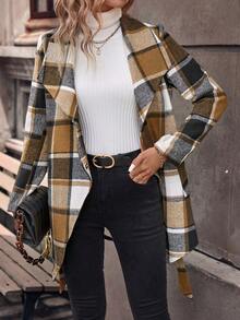 SHEIN Clasi 格紋印花大翻領腰帶花呢外套 - 彩色 - 查看 5