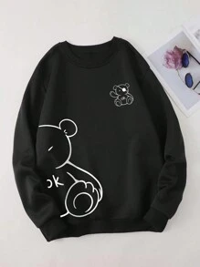 SHEIN EZwear Plus Cartoon Graphic Thermal Lined Sweatshirt Graduation,Back To School,Graduation,Teacher For Women,Back To School Pullover Fall Winter Sweatshirt Autumn - Black - View 1