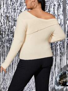 SHEIN Unity Pull asymétrique à col plissé en tricot côtelé, pull-over tricoté pour l'automne et l'hiver - Beige - Voir 2