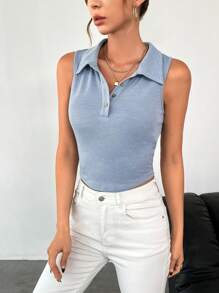 SHEIN Essnce Polo Neck Crop Tank Top - Blue - View 6