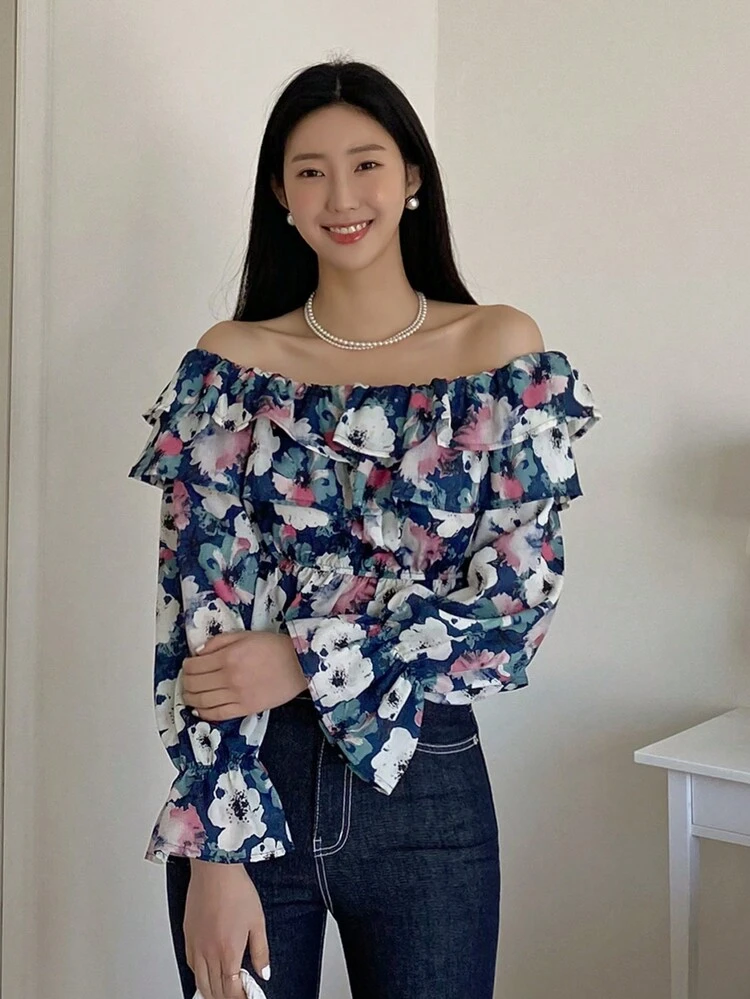 Floral Print Off Shoulder Ruffle Trim Flounce Sleeve Peplum Blouse,Fall Women Clothes Long Sleeve Top Vacation Outfits Women Easter Boho