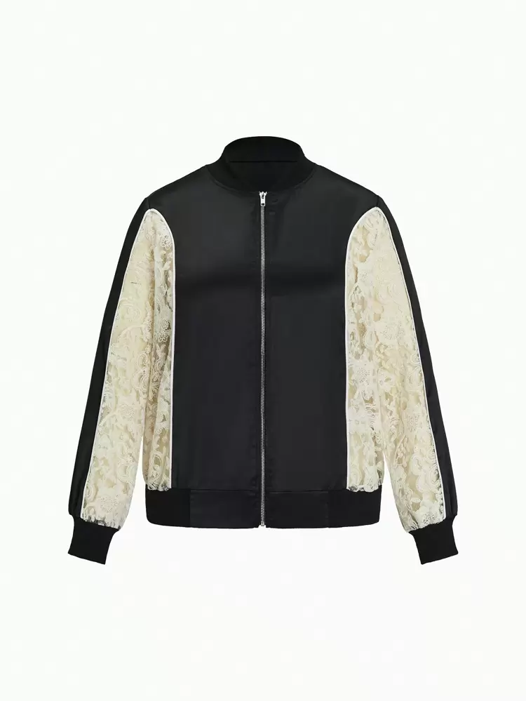 Plus Contrast Lace Zip Up Bomber Jacket