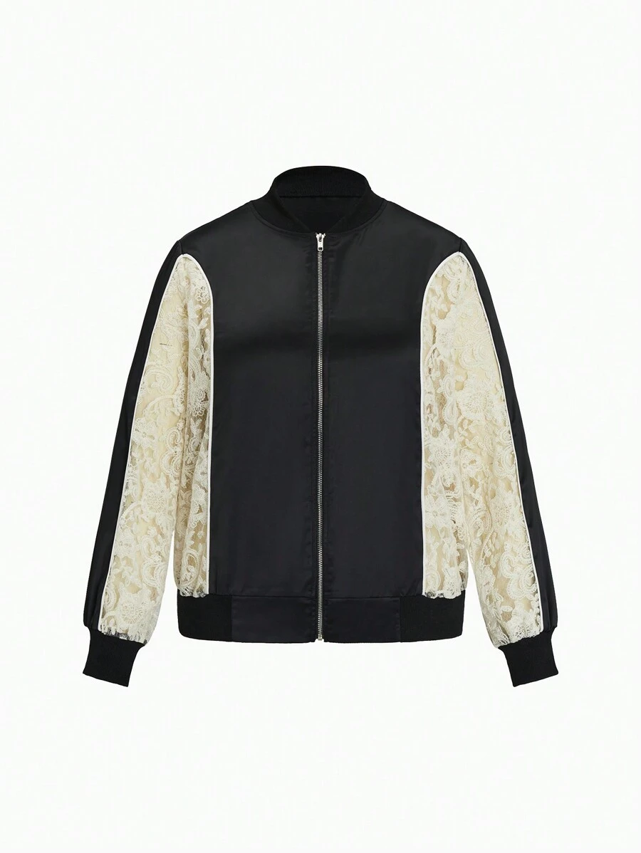 SHEIN LUNE Taglie Forti Giacca bomber pizzo a contrasto con zip