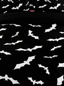 3pcs/set Halloween Themed Black Polyester Duvet Cover Set With White Bat Pattern - Black - View 4