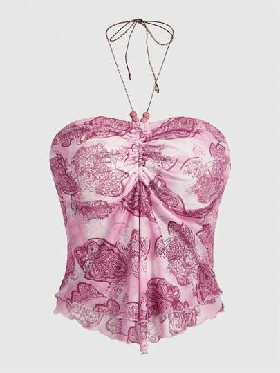 Fairycore Paisley Print Drawstring Front Halter Top