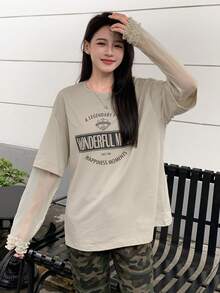 DAZY Letter Graphic Drop Shoulder Tee - Khaki - View 5