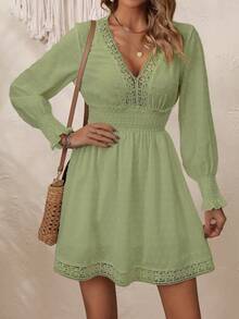 SHEIN VCAY Chấm Swiss Chèn ren Guipure Tay áo lồng đèn Đầm - màu xanh lá - Xem 3