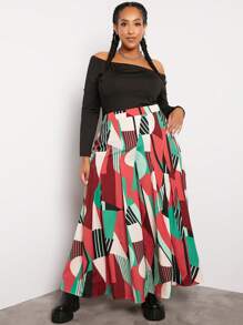 SHEIN CURVE+ Hơn Địa lý In chắp vá Quần ống rộng - Màu Hồng Tươi - Xem 3