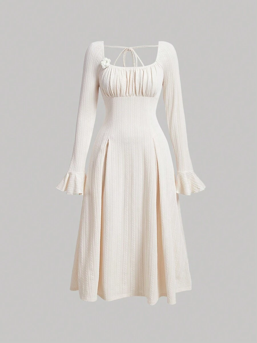 SHEIN MOD Robe À Ruchés À Manche Évasée - Beige - Voir 1