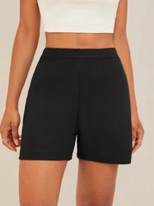 EURMUSE Solid High Waist Shorts - Black - View 1