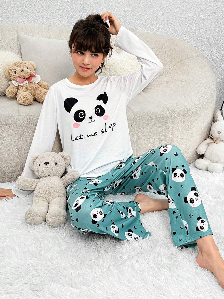 Teen Girl Panda & Slogan Graphic PJ Set | SHEIN USA
