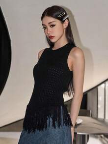 DAZY Top de punto bajo con fleco - Negro - Ver 7