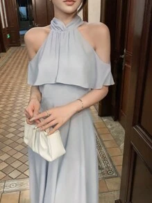 DAZY 纯色荷叶边露肩连衣裙 舞会礼服 吊带裙 婚礼礼服 优雅女士连衣裙 - 藍色 - 查看 3