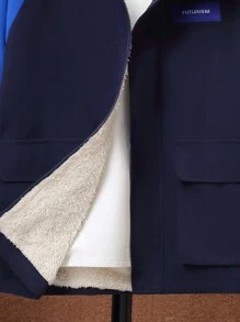 SHEIN 男大童字母貼布翻蓋口袋插肩袖連帽加絨內裏外套 - 寶藍色 - 查看 4