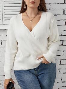 SHEIN LUNE 交叉休閒純色大碼套頭毛衣 - 白色 - 查看 1