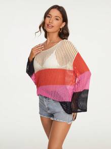 SHEIN VCAY 撞色鏤空不規則肩罩衫不附比基尼上衣 - 彩色 - 查看 5