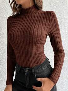 SHEIN Tall Mock Neck Ribbed Knit Tee - Coffee Brown - View 5