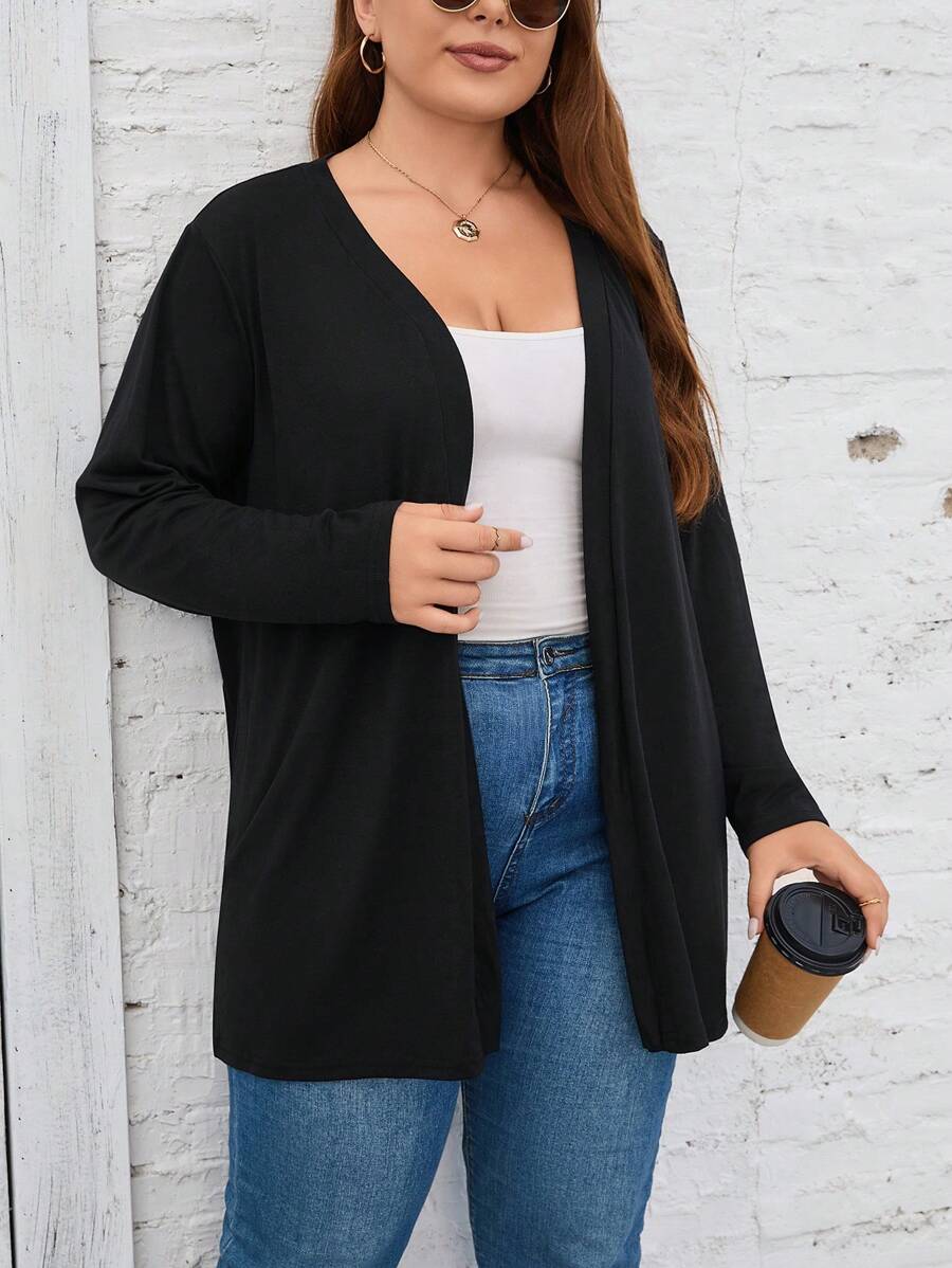 SHEIN LUNE Plus Solid Open Front Coat,Fall Women Clothes Winter Autumn - Black - View 1