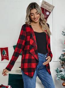 SHEIN Maternity Gingham Print Waterfall Collar Coat - Red - View 1