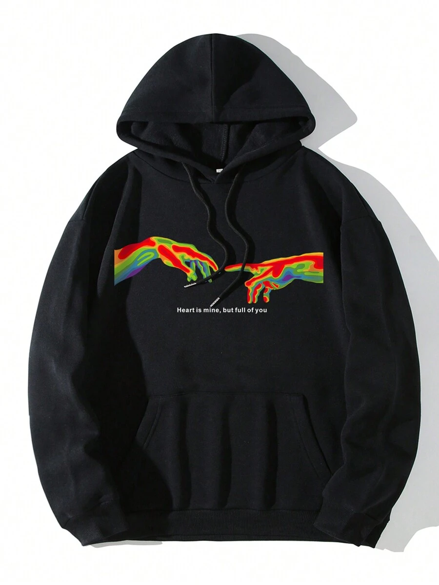 Nam Plus Khẩu hiệu & Hình ảnh Túi kangaroo Dây rút Áo hoodie ấm áp - màu đen - Xem 1