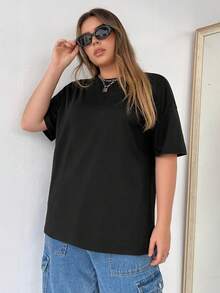 Flirla Áo thun Plus size màu trơn Giải trí - màu đen - Xem 6