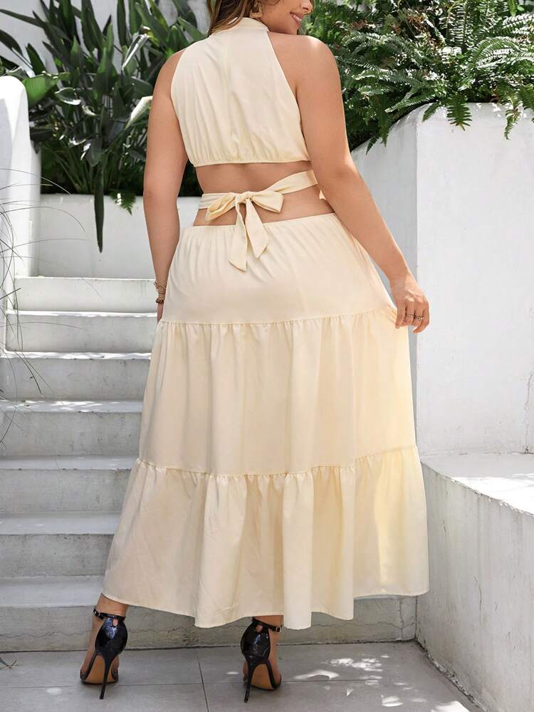 Plus Solid Ruffle Hem Halter Dress