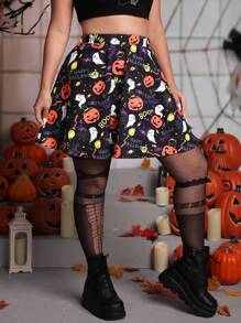 SHEIN EZwear Plus Size Women Halloween Pumpkin Ghost Print Skirt, Halloween Costume