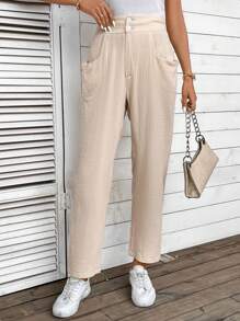 SHEIN Frenchy Quần ống đứng có túi xéo trơn - Màu be - Xem 3