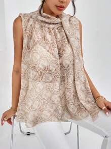 SHEIN Privé Hoa Dệt hoa Áo cổ bò Áo sơ mi - Màu Khaki - Xem 5