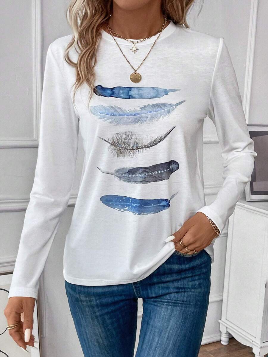 Calvaya Feather Print Round Neck Tee Graphic Tees Women Tops Fall Cloth For Women