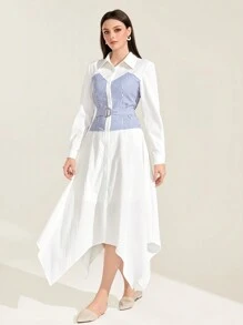 Mulvari Striped Print Asymmetrical Hem 2 In 1 Dress - White - View 1